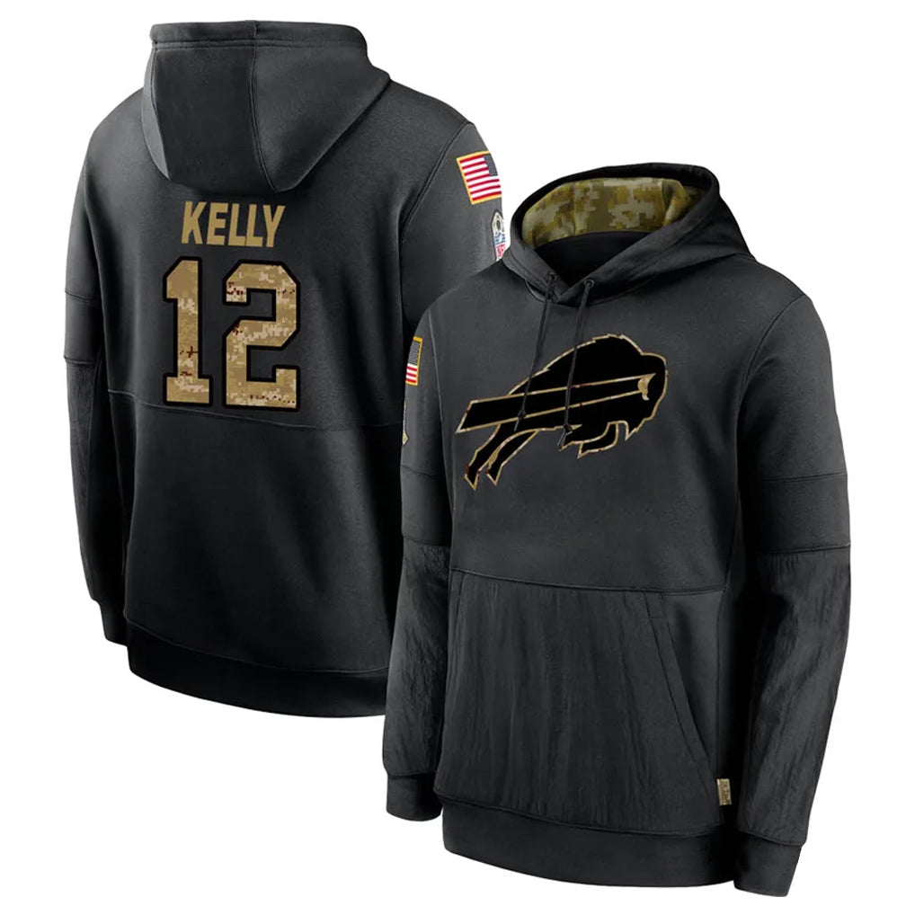 Parkc B.Bills #12 Jim Kelly Player Black Salute to Service Hoodies Hame Stitched Jerseys