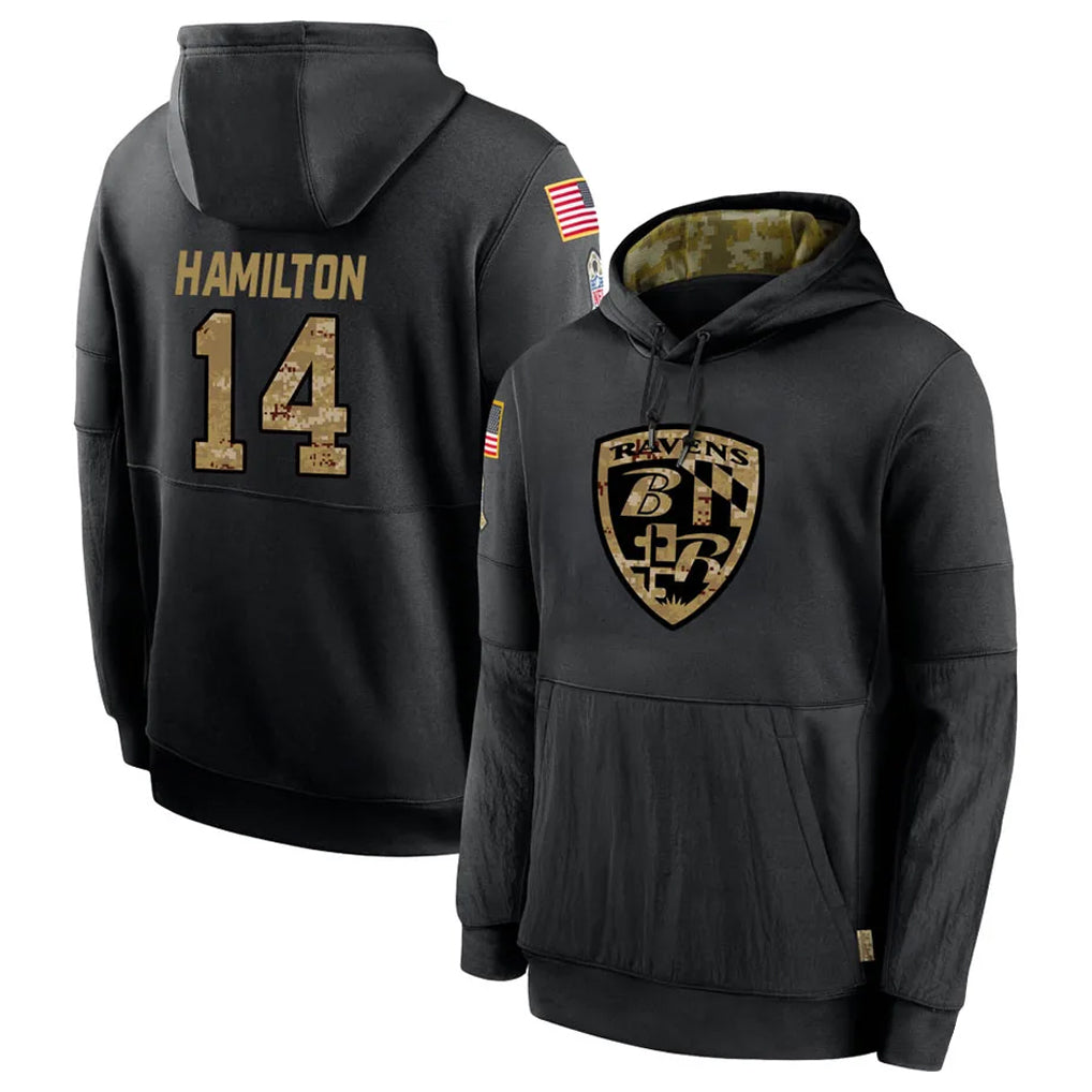 Parkc B.Ravens #14 Kyle Hamilton Player Black Salute to Service Pullover Hoodie Stitched Jerseys