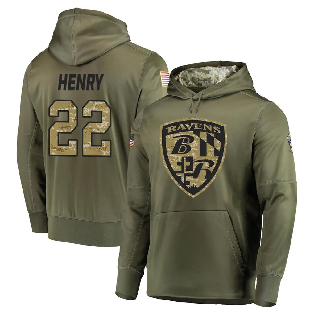 Parkc B.Ravens #22 Derrick Henry Player Olive Salute to Service Pullover Hoodie Stitched Jerseys