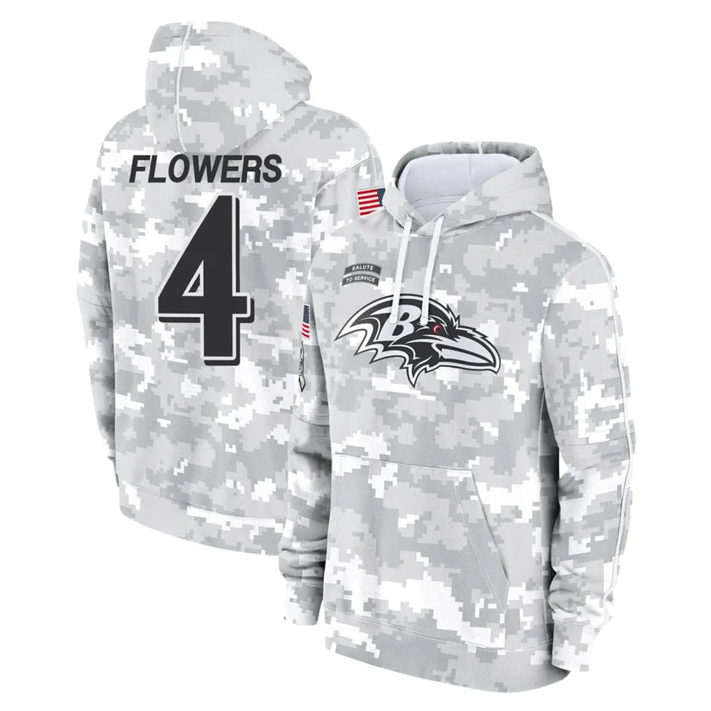 Parkc B.Ravens #4 Zay Flowers Player Arctic Camo Salute to Service Pullover Hoodie Stitched Jerseys