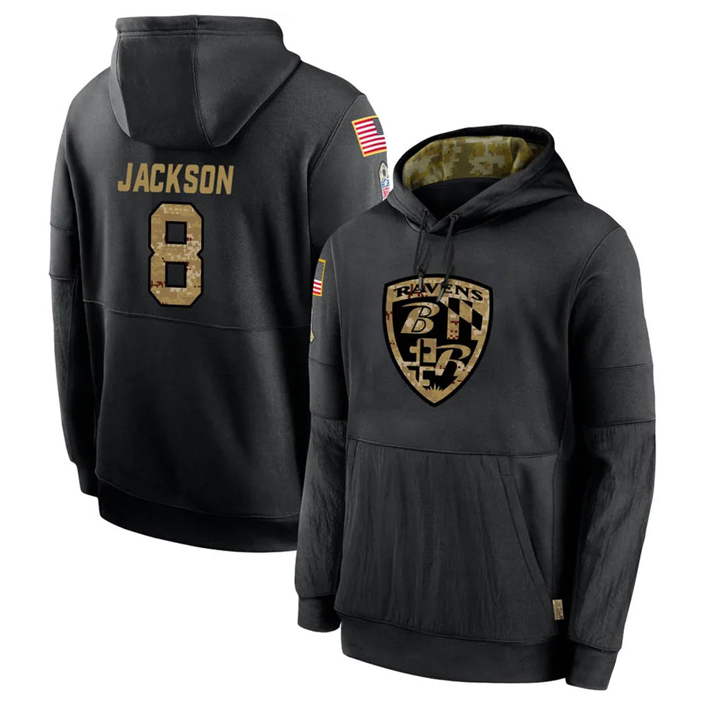 Parkc B.Ravens #8 Lamar Jackson Player Black Salute to Service Pullover Hoodie Stitched Jerseys