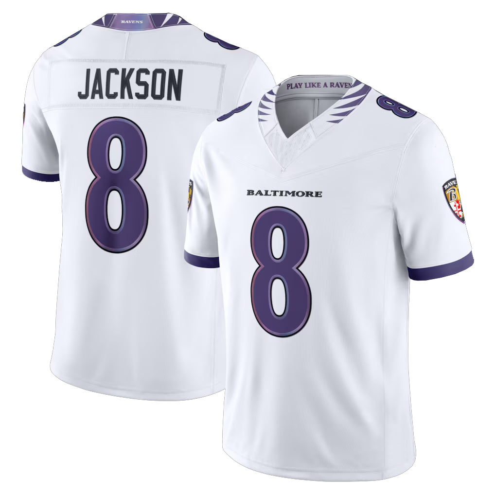 Parkc B.Ravens #8 Lamar Jackson Player White Limited Elite Home Game Stitched Jerseys