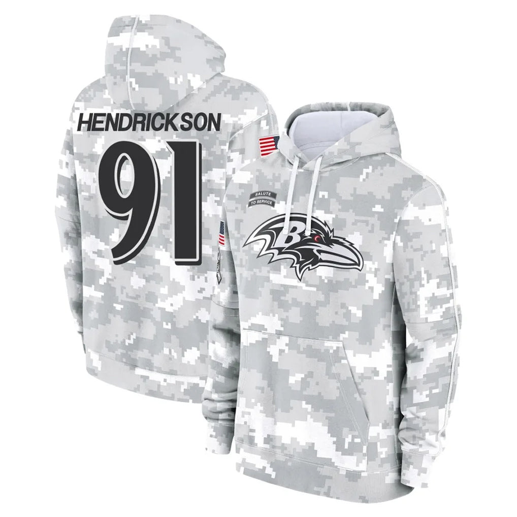 Parkc B.Ravens #91 Trey Hendrickson Player Arctic Camo Salute To Service Hoodie Stitched Jerseys