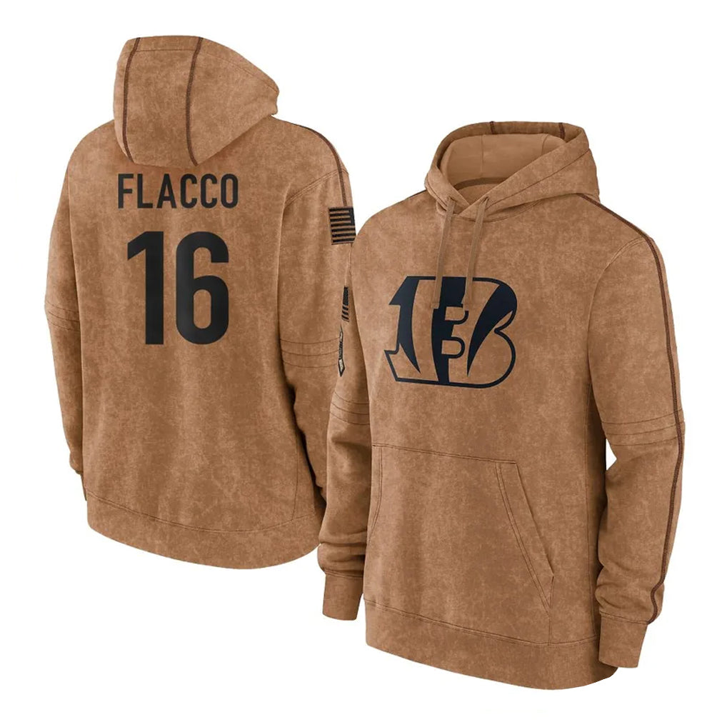 Parkc C.Bengals #16 Joe Flacco Player Brown Salute to Service Pullover Hoodie Limited Stitched Jerseys