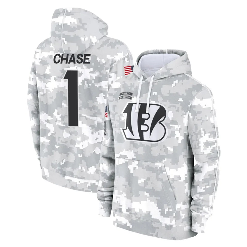 Parkc C.Bengals #1 Ja'Marr Chase Player Arctic Camo Salute to Service Pullover Hoodie Limited Stitched Jerseys