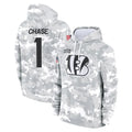Parkc C.Bengals #1 Ja'Marr Chase Player Arctic Camo Salute to Service Pullover Hoodie Limited Stitched Jerseys