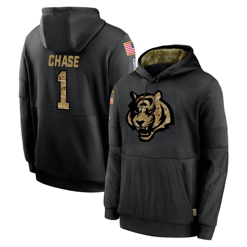 Parkc C.Bengals #1 Ja'Marr Chase Player Black Salute to Service Pullover Hoodies Limited Stitched Jerseys