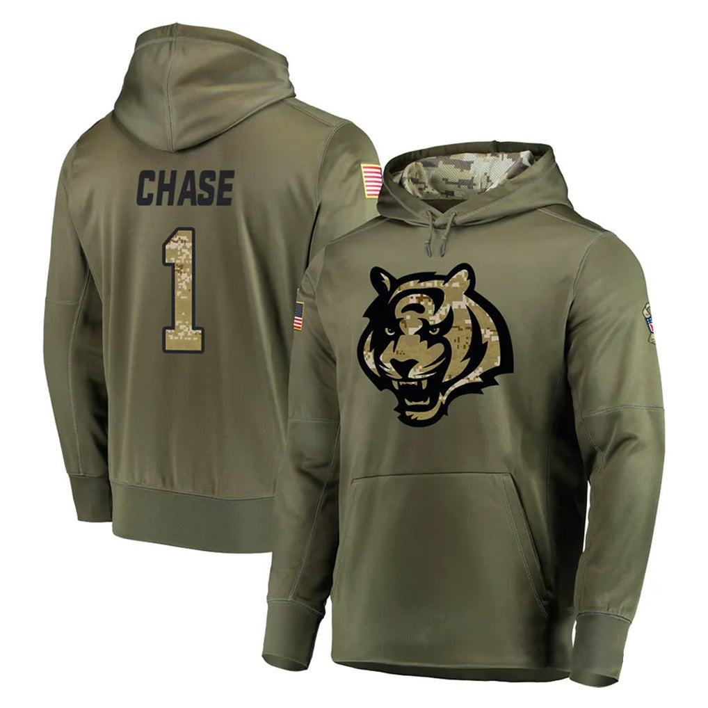 Parkc C.Bengals #1 Ja'Marr Chase Player Olive Salute to Service Pullover Hoodies Home Game Stitched Jerseys