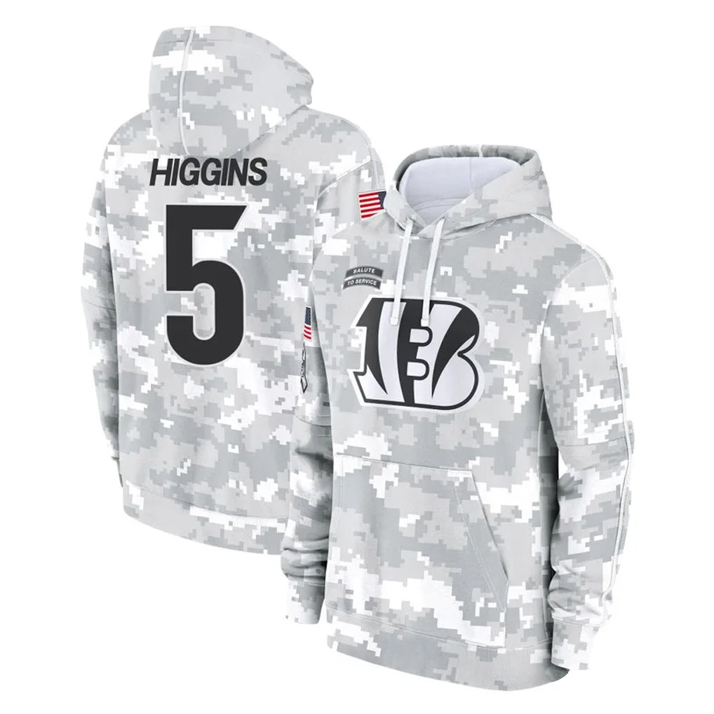 Parkc C.Bengals #5 Tee Higgins Player Arctic Camo Salute to Service Pullover Hoodie Limited Stitched Jerseys