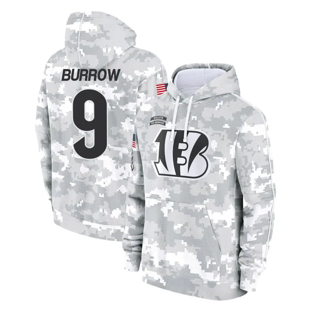 Parkc C.Bengals #9 Joe Burrow Player Arctic Camo Salute to Service Pullover Hoodie Limited Stitched Jerseys