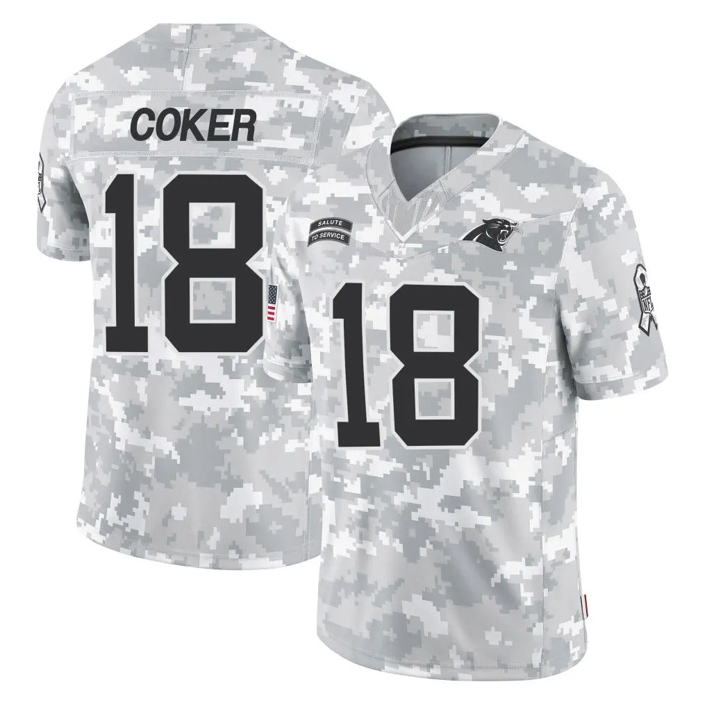 Parkc C.Panthers #18 Jalen Coker Player Arctic Camo Salute to Service Limited Game Stitched Jerseys