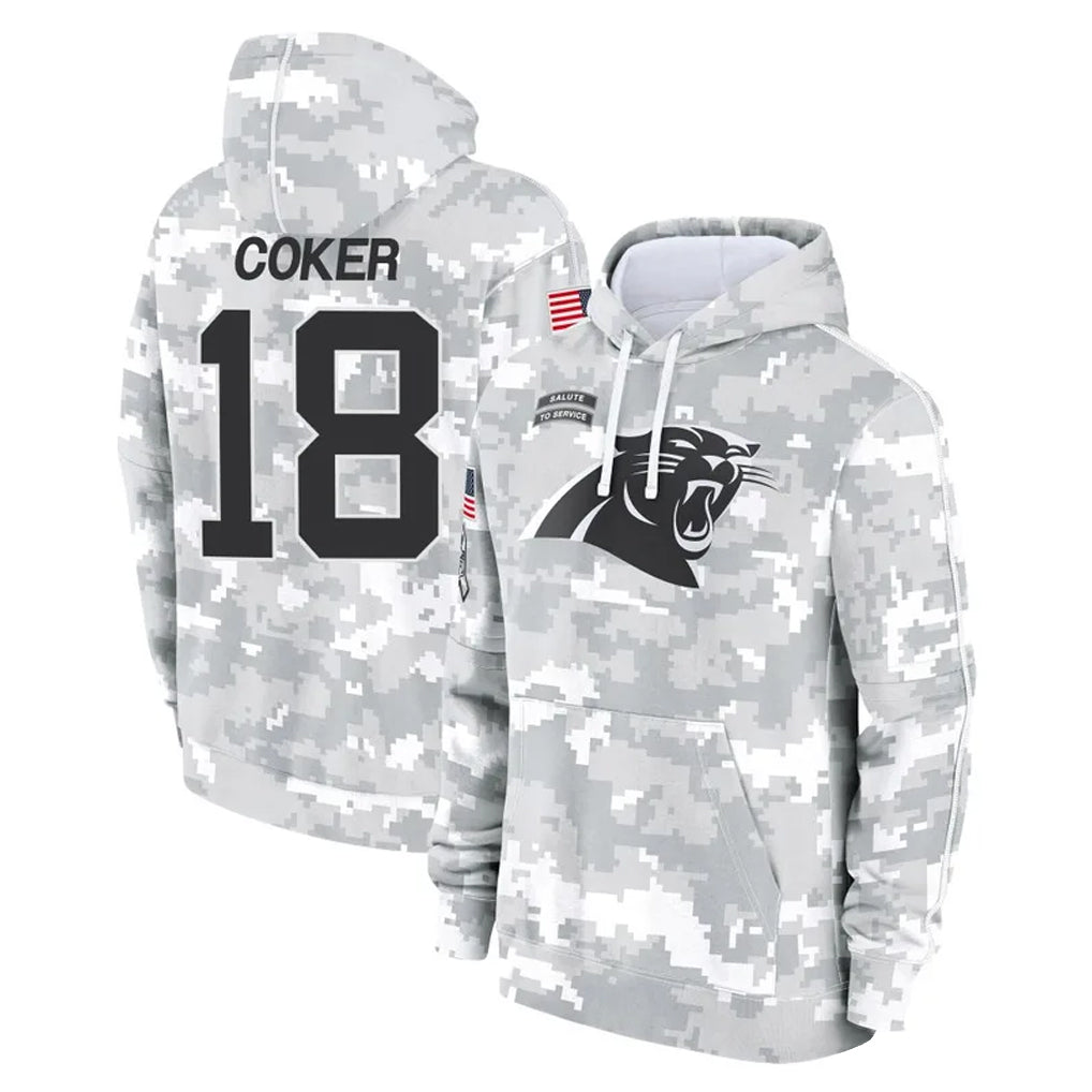 Parkc C.Panthers #18 Jalen Coker Player Arctic Camo Salute to Service Pullover Hoodies Limited Game Stitched Jerseys