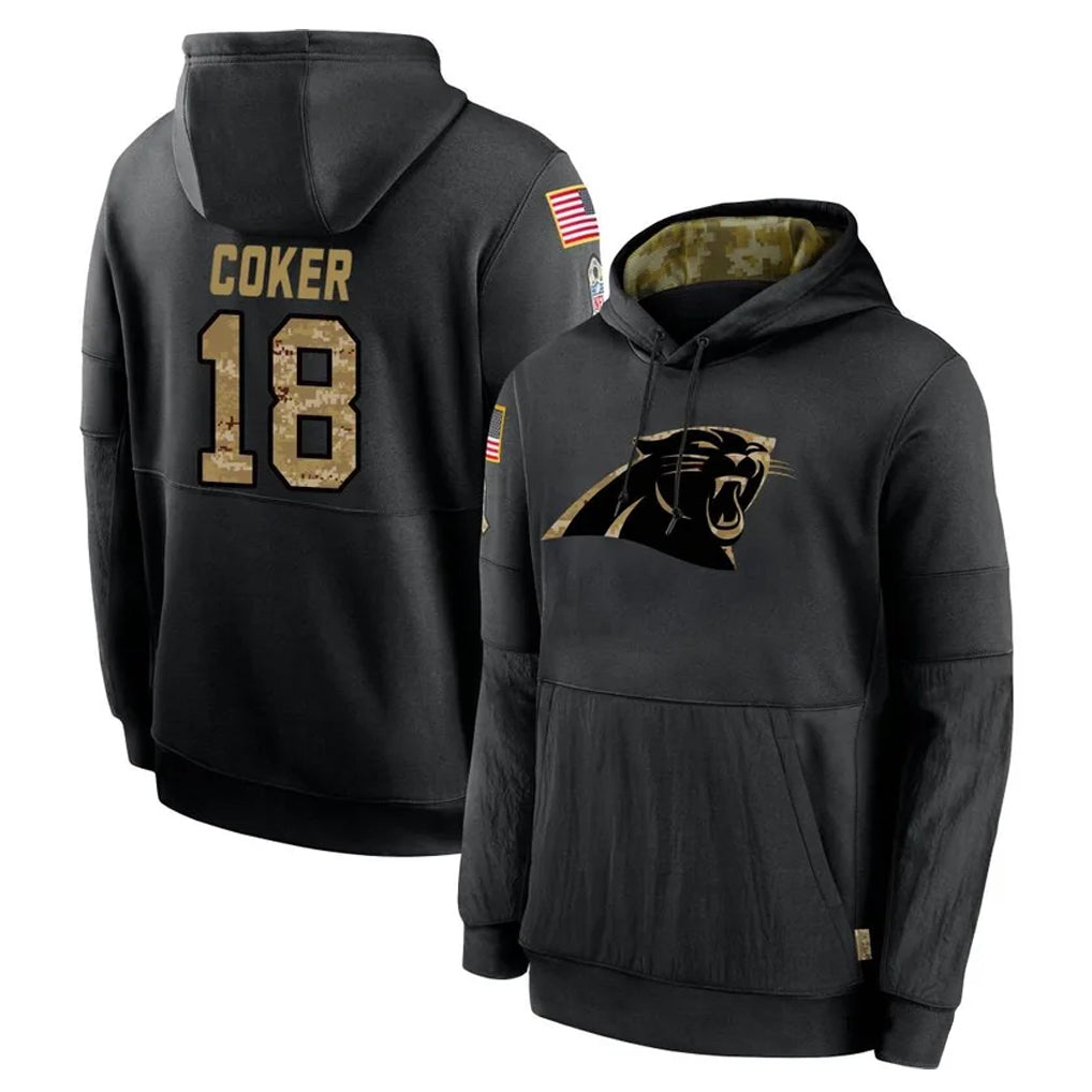 Parkc C.Panthers #18 Jalen Coker Player Black Salute to Service Pullover Hoodies Limited Game Stitched Jerseys