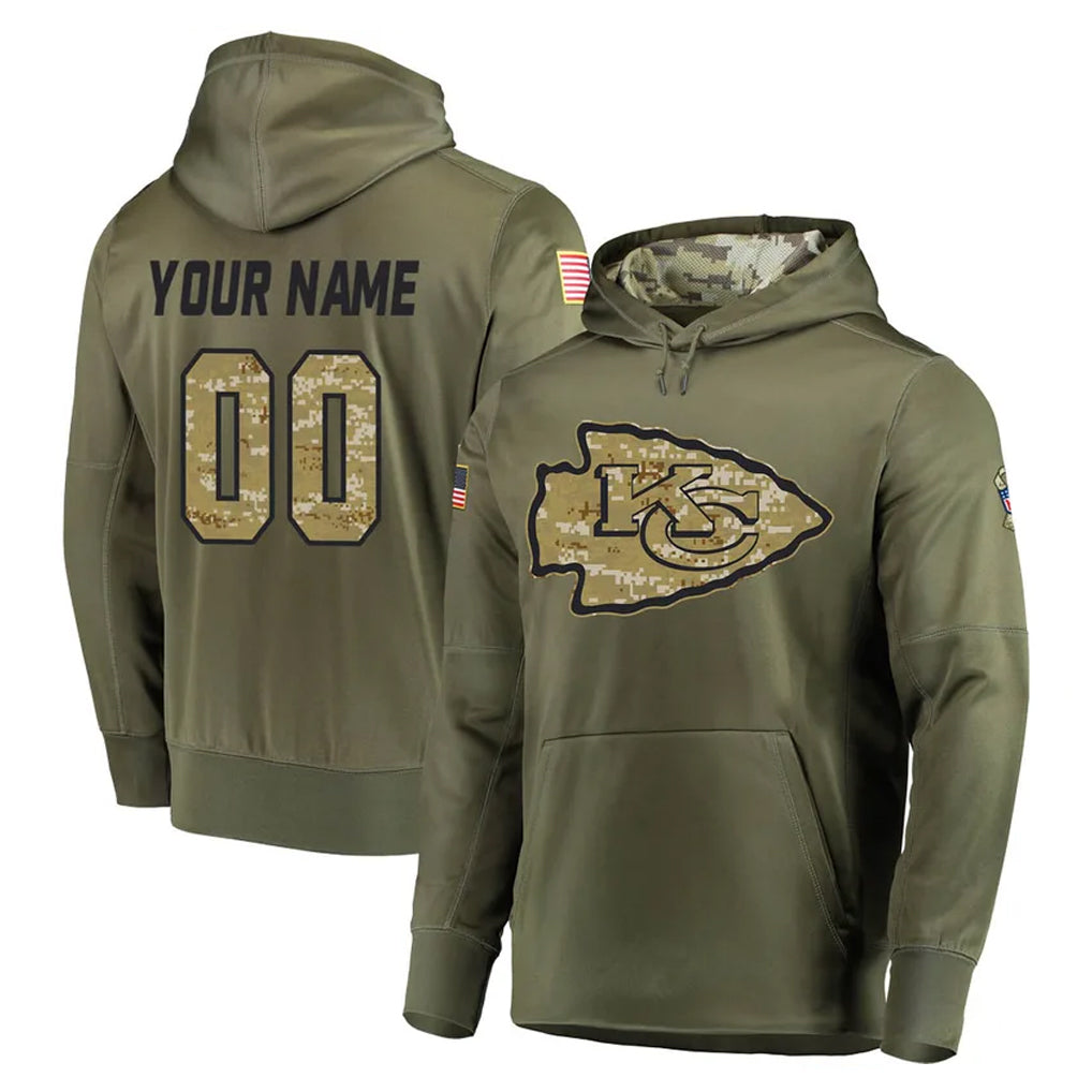 Parkc Custom KC.Chiefs Olive Salute to Service Pullover Hoodies Home Game Any Name & Numbers Stitched Jerseys