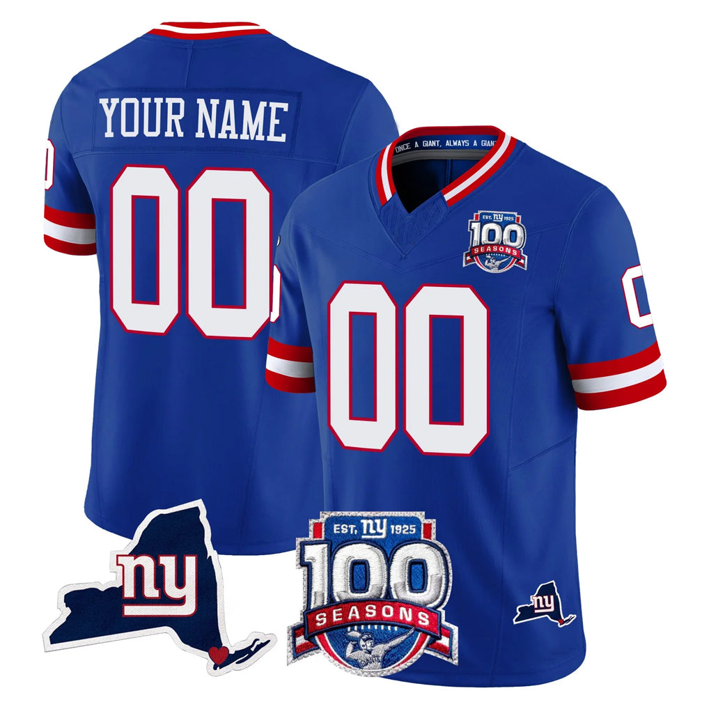 Parkc Custom NY.Giants Royal 100th Season & State Patch Vapor Limited Home Game Any Name & Numbers Stitched Jerseys