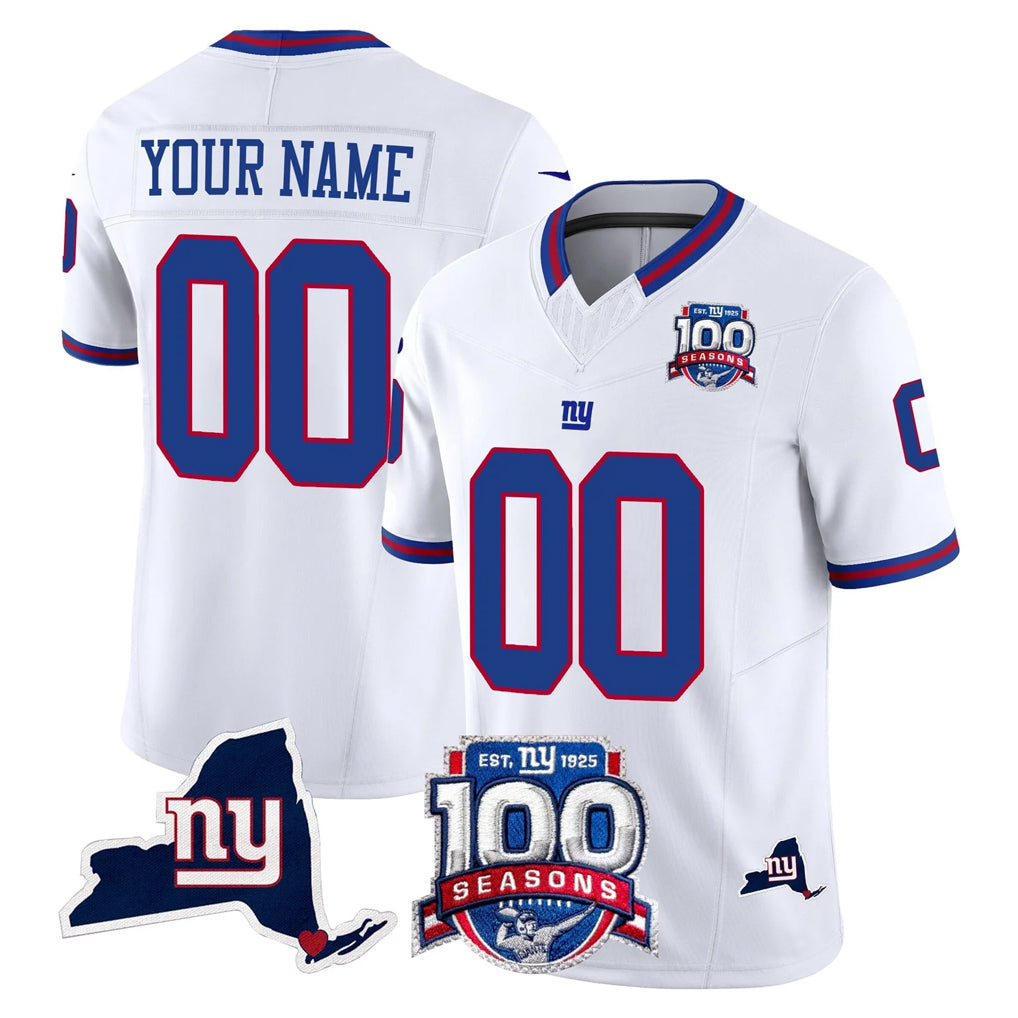 Parkc Custom NY.Giants White 100th Season & State Patch Vapor Limited Home Game Any Name & Numbers Stitched Jerseys