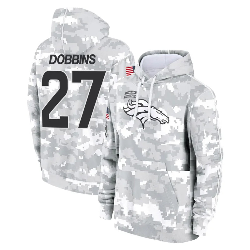 Parkc D.Broncos #27 J.K. Dobbins Player Arctic Camo Salute to Service Hoodies Limited Game Stitched Jerseys