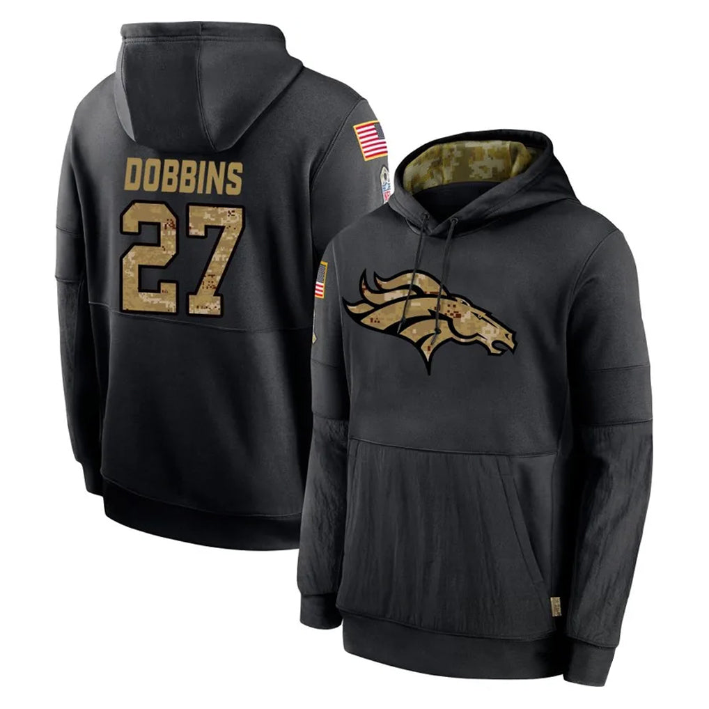 Parkc D.Broncos #27 J.K. Dobbins Player Black Salute to Service Pullover Hoodies Limited Stitched Jerseys