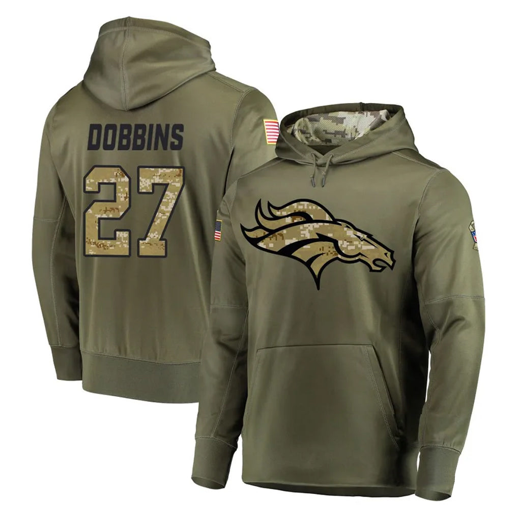 Parkc D.Broncos #27 J.K. Dobbins Player Olive Salute to Service Pullover Hoodies Home Game Stitched Jerseys