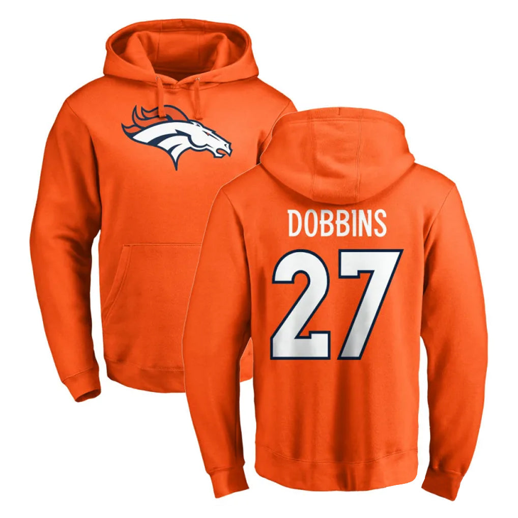 Parkc D.Broncos #27 J.K. Dobbins Player Orange Pullover Hoodie Limited Stitched Jerseys