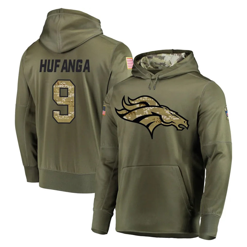 Parkc D.Broncos #9 Talanoa Hufanga Player Olive Salute to Service Pullover Hoodies Home Game Stitched Jerseys