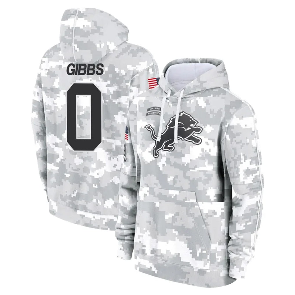 Parkc D.Lions #0 Jahmyr Gibbs Player Arctic Camo Salute to Service Hoodies Limited Game Stitched Jerseys