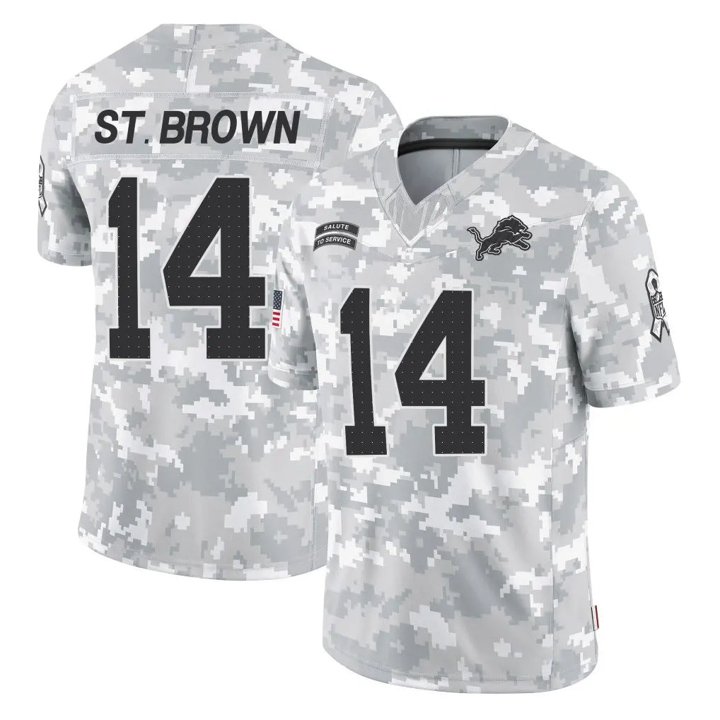 Parkc D.Lions #14 Amon-Ra St. Brown Player Arctic Camo Salute To Service Limited Stitched Jerseys