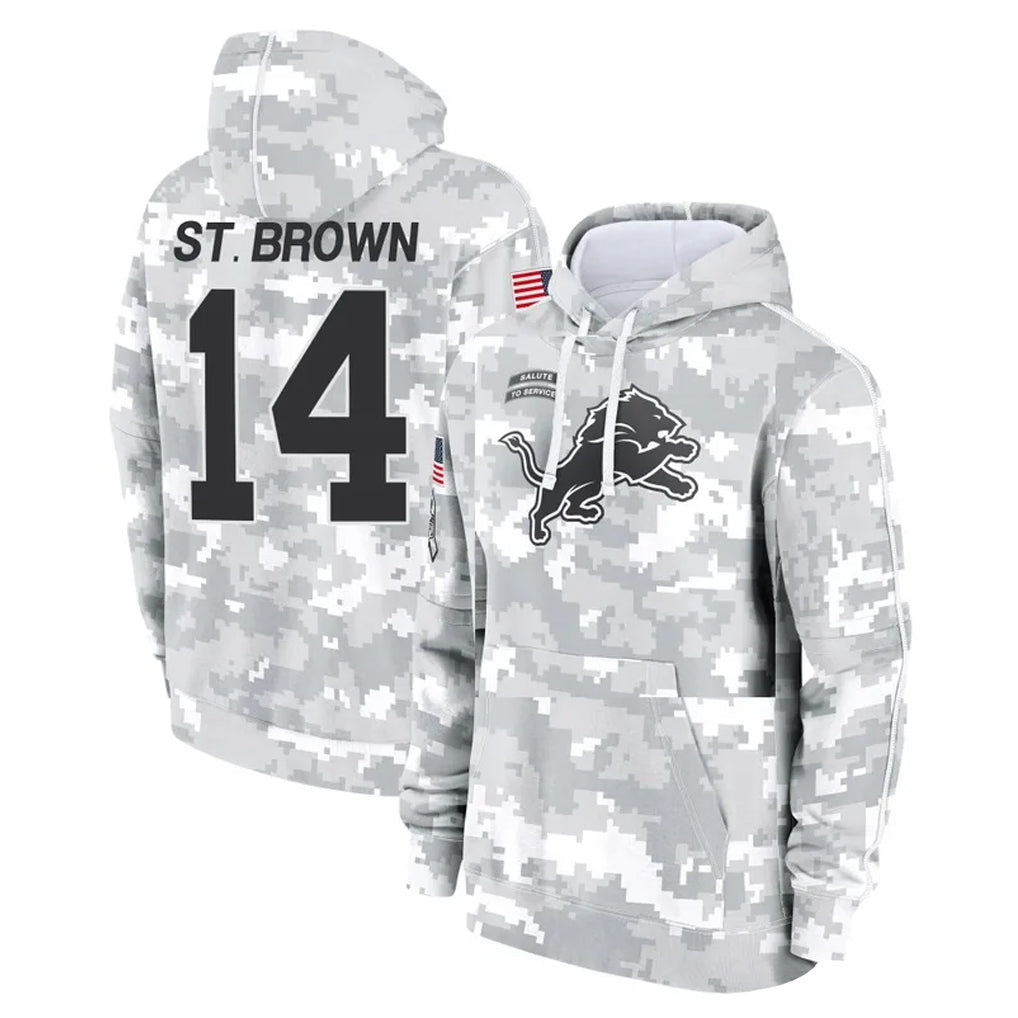 Parkc D.Lions #14 Amon-Ra St. Brown Player Arctic Camo Salute to Service Hoodies Limited Game Stitched Jerseys