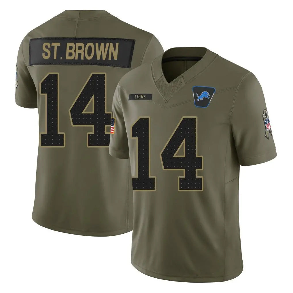 Parkc D.Lions #14 Amon-Ra St. Brown Player Olive 2025 Salute To Service Limited Home Game Stitched Jerseys