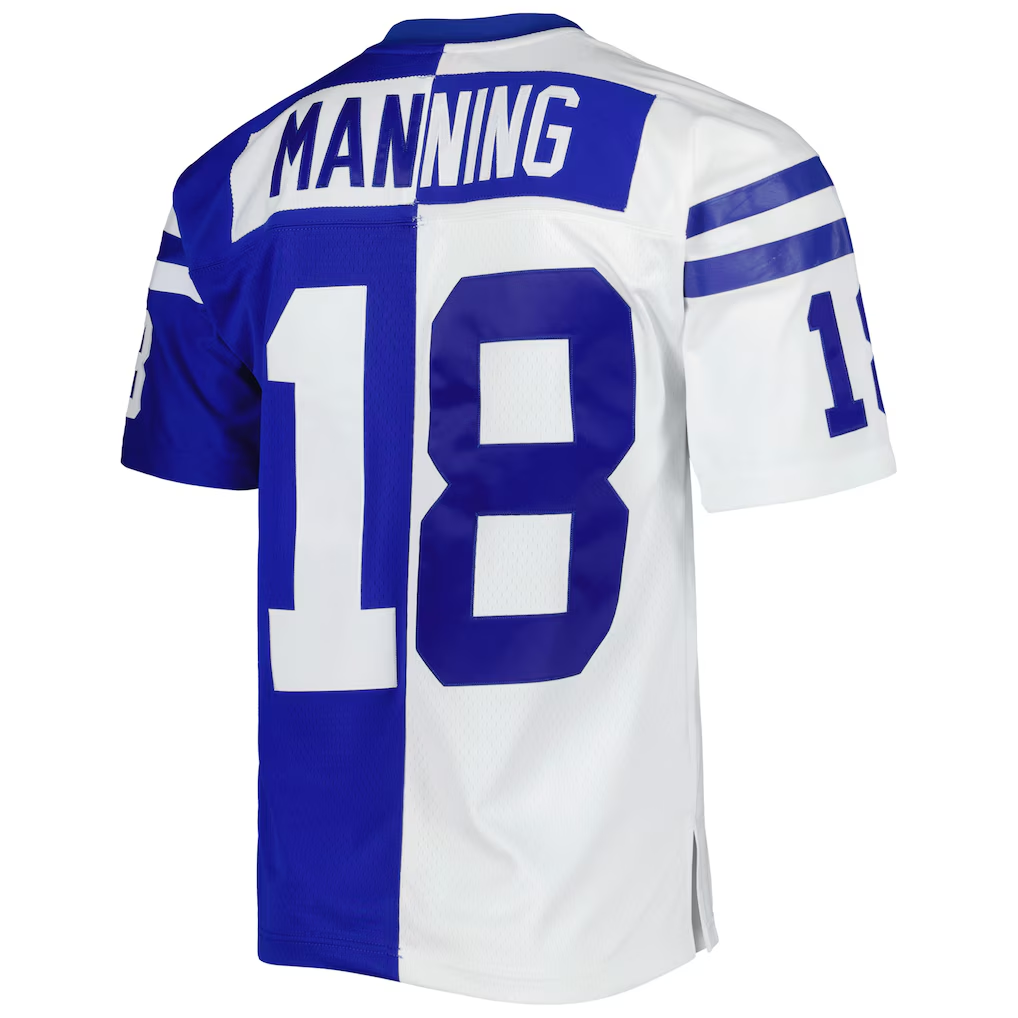 Parkc IN.Colts #18 Peyton Manning Mitchell & Ness Royal White 1998 Split Legacy Replica Stitched Puhic Jersey