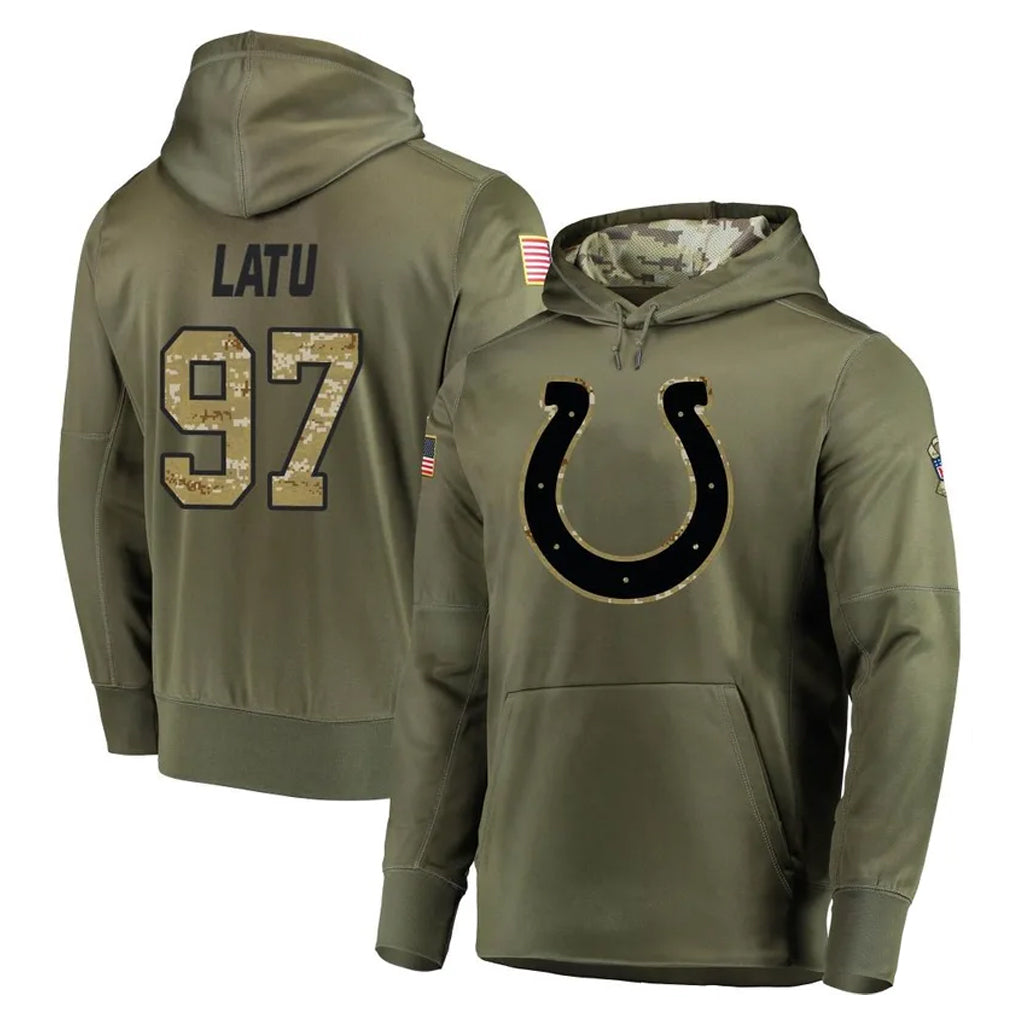 Parkc IN.Colts #97 Laiatu Latu Player Olive Salute to Service Pullover Hoodies Home Game Stitched Jerseys
