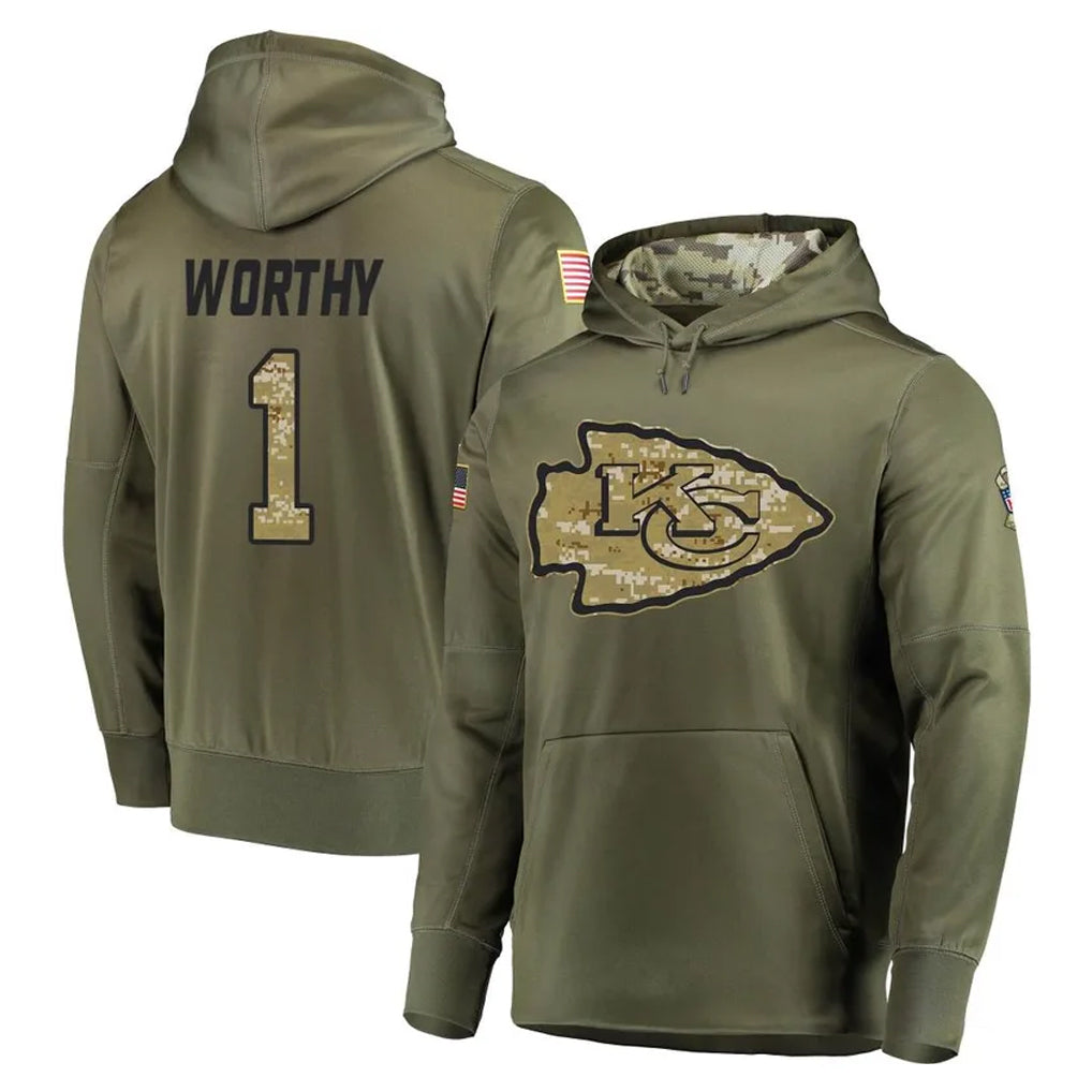 Parkc KC.Chiefs #1 Xavier Worthy Player Olive Salute to Service Pullover Hoodies Home Game Stitched Jerseys