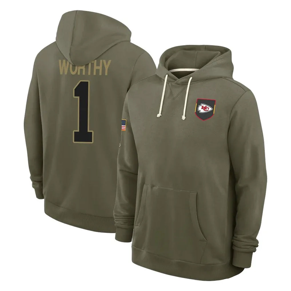 Parkc KC.Chiefs #1 Xavier Worthy Player Olive Salute to Service Pullover Hoodies Limited Stitched Jerseys