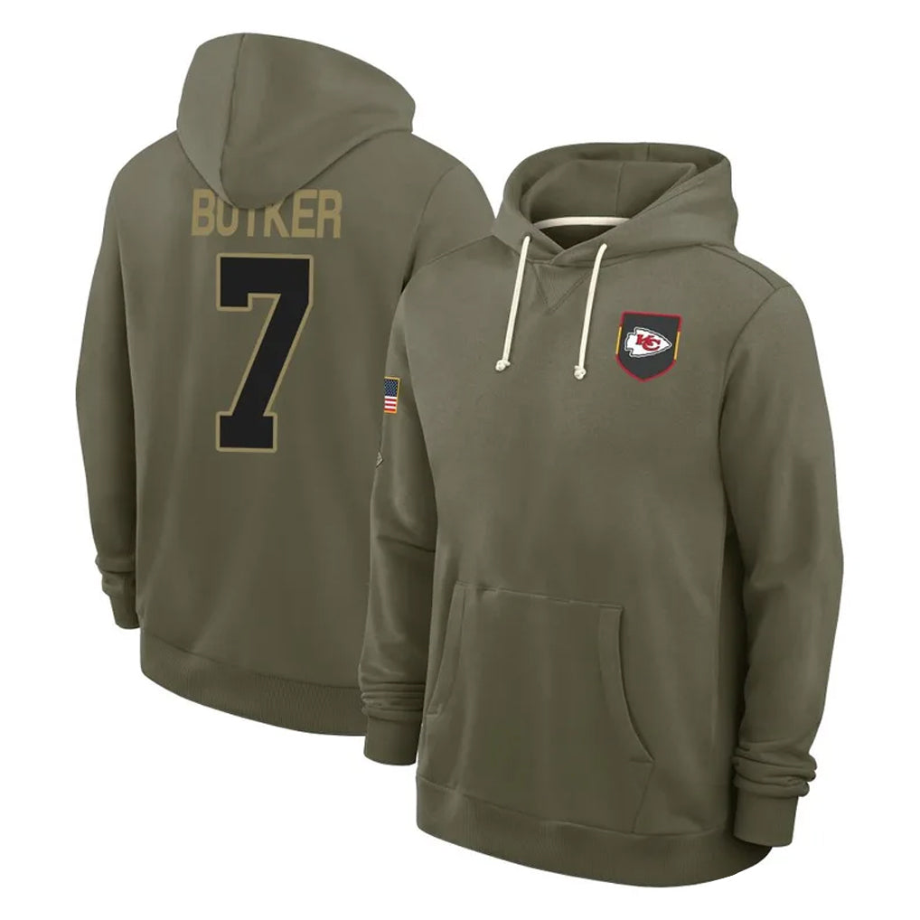 Parkc KC.Chiefs #7 Harrison Butker Player Olive Salute to Service Pullover Hoodies Limited Stitched Jerseys