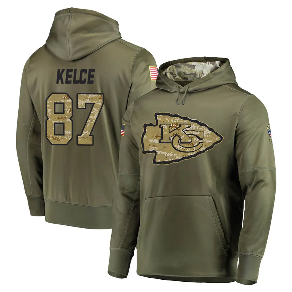 Parkc KC.Chiefs #87 Travis Kelce Player Olive Salute to Service Pullover Hoodies Home Game Stitched Jerseys