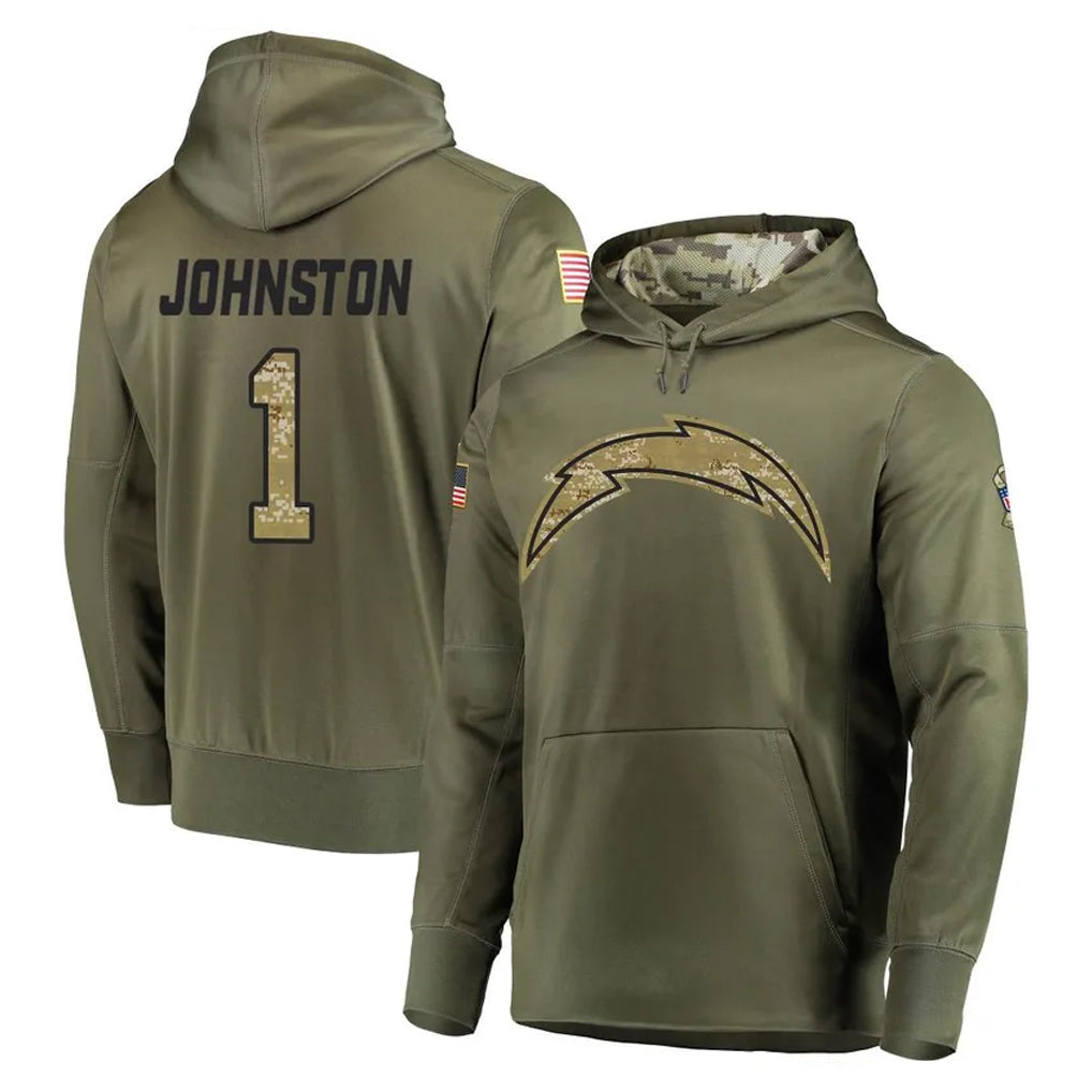 Parkc LA.Chargers #1 Quentin Johnston Player Olive Salute to Service Pullover Hoodies Home Game Stitched Jerseys