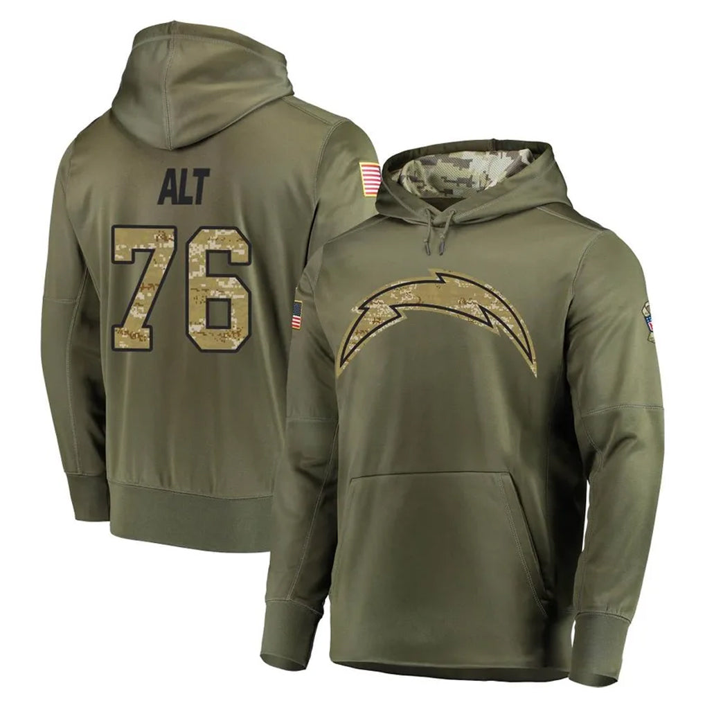 Parkc LA.Chargers #76 Joe Alt Player Olive Salute to Service Pullover Hoodies Home Game Stitched Jerseys