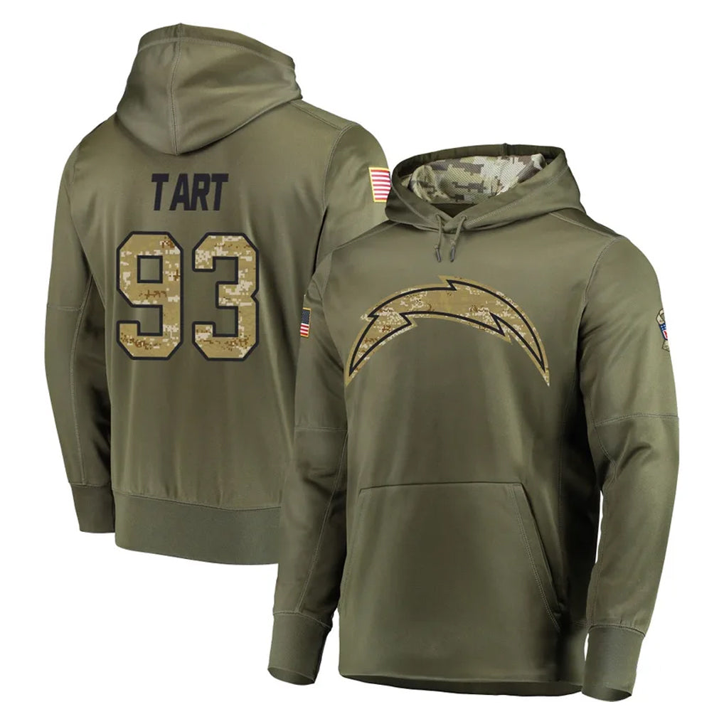 Parkc LA.Chargers #93 Teair Tart Player Olive Salute to Service Pullover Hoodies Home Game Stitched Jerseys