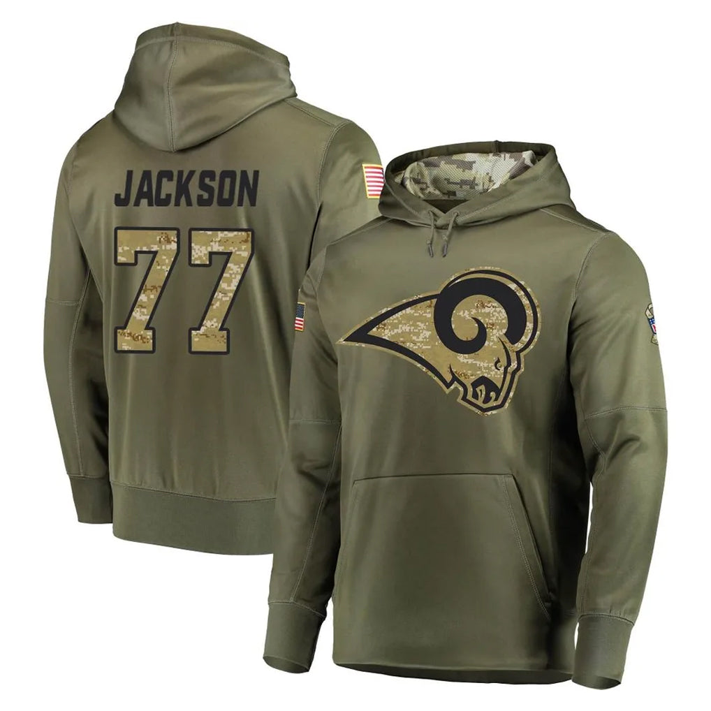 Parkc LA.Rams #77 Alaric Jackson Player Olive Salute to Service Pullover Hoodies Home Game Stitched Jerseys