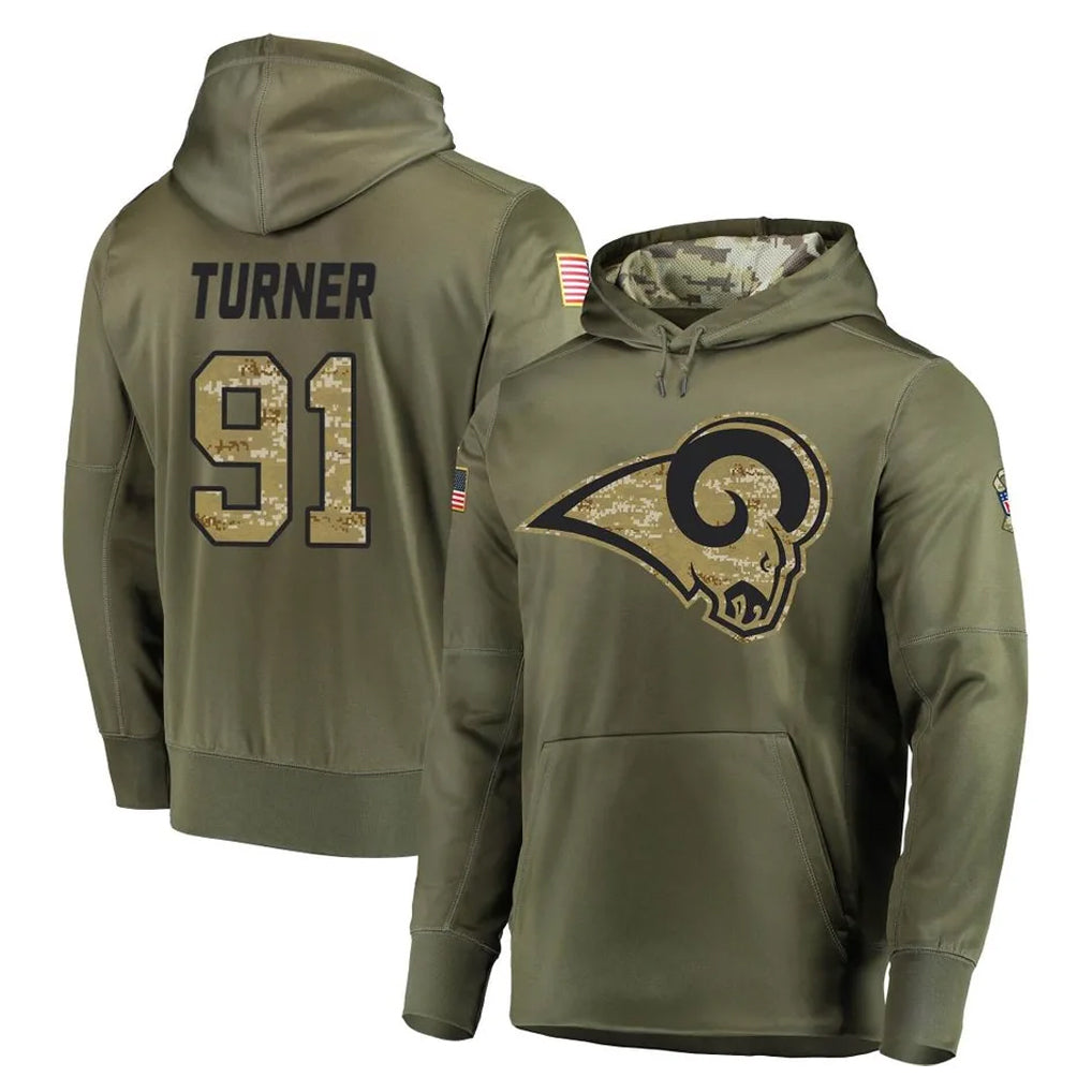 Parkc LA.Rams #91 Kobie Turner Player Olive Salute to Service Pullover Hoodies Home Game Stitched Jerseys