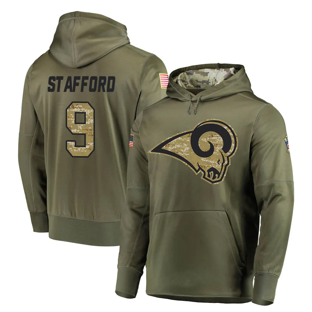 Parkc LA.Rams #9 Matthew Stafford Player Olive Salute to Service Pullover Hoodies Home Game Stitched Jerseys