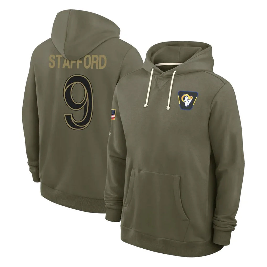 Parkc LA.Rams #9 Matthew Stafford Player Olive Salute to Service Pullover Hoodies Limited Stitched Jerseys