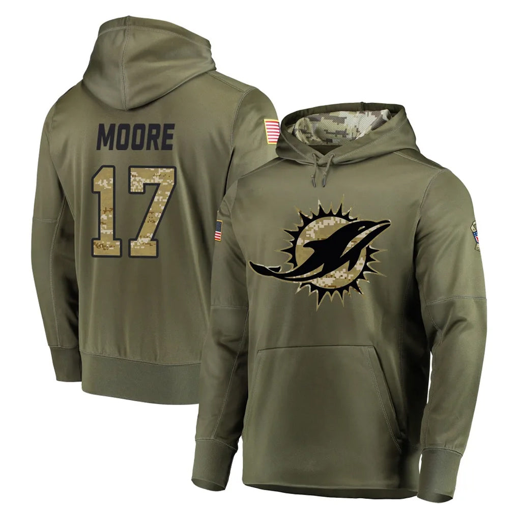 Parkc M.Dolphins #17 Trey Moore Player Olive Salute to Service Pullover Hoodies Home Game Stitched Jerseys