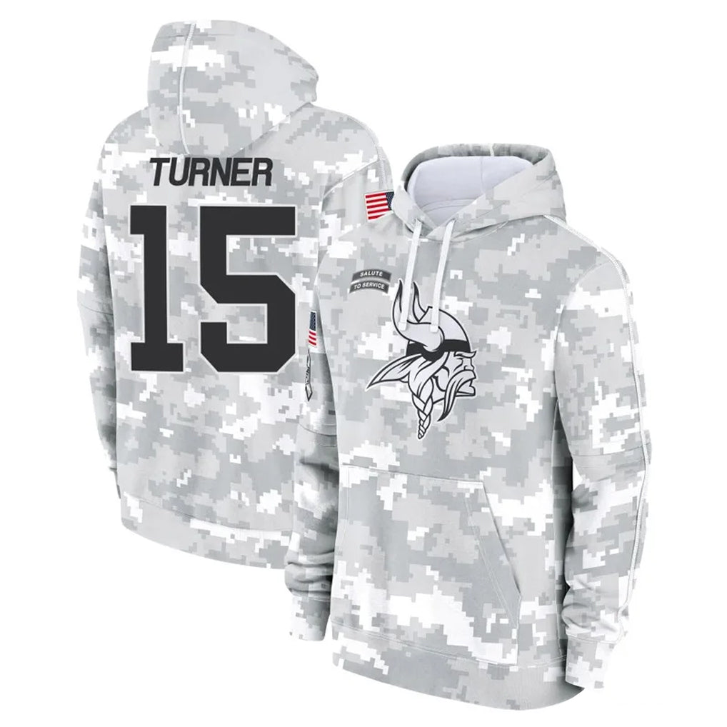 Parkc M.Vikings #15 Dallas Turner Player Arctic Camo Salute to Service Pullover Hoodies Limited Game Stitched Jerseys