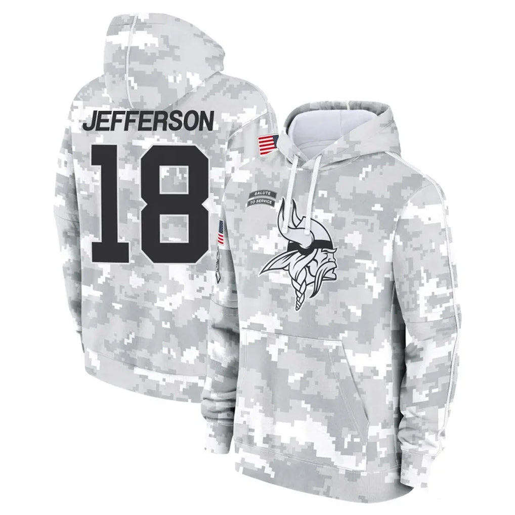 Parkc M.Vikings #18 Justin Jefferson Player Arctic Camo Salute to Service Pullover Hoodies Limited Game Stitched Jerseys