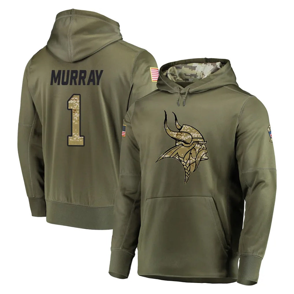 Parkc M.Vikings #1 Kyler Murray Player Olive Salute to Service Pullover Hoodies Home Game Stitched Jerseys