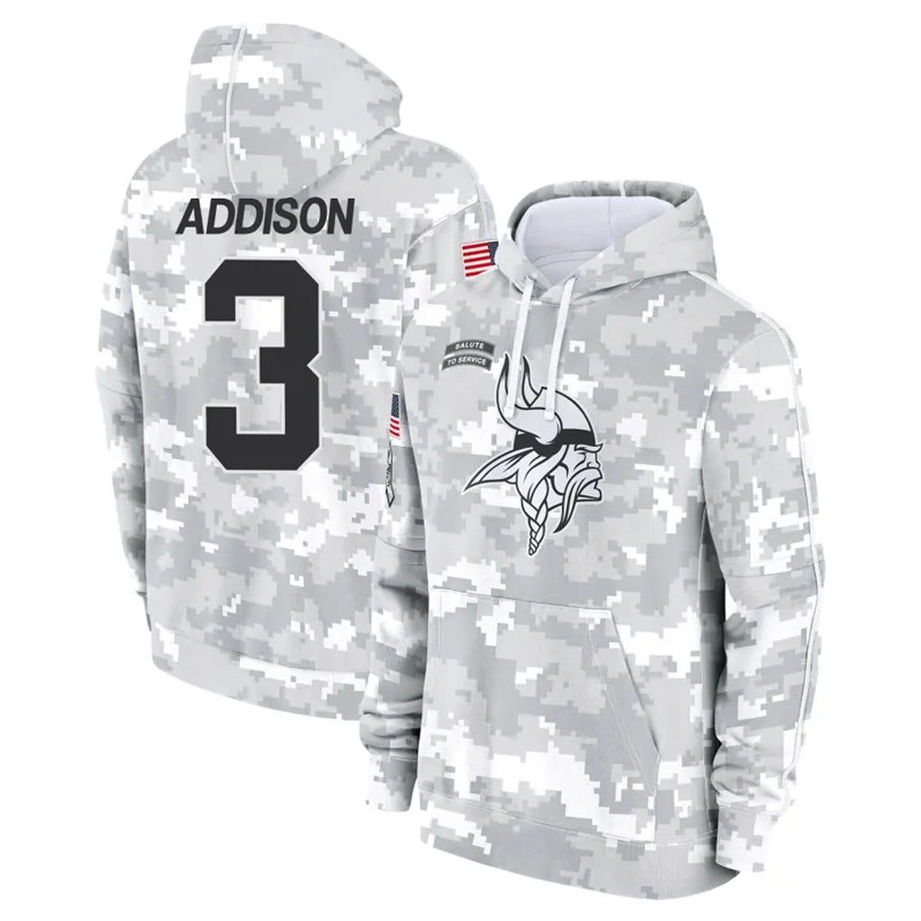 Parkc M.Vikings #3 Jordan Addison Player Arctic Camo Salute to Service Pullover Hoodies Limited Game Stitched Jerseys