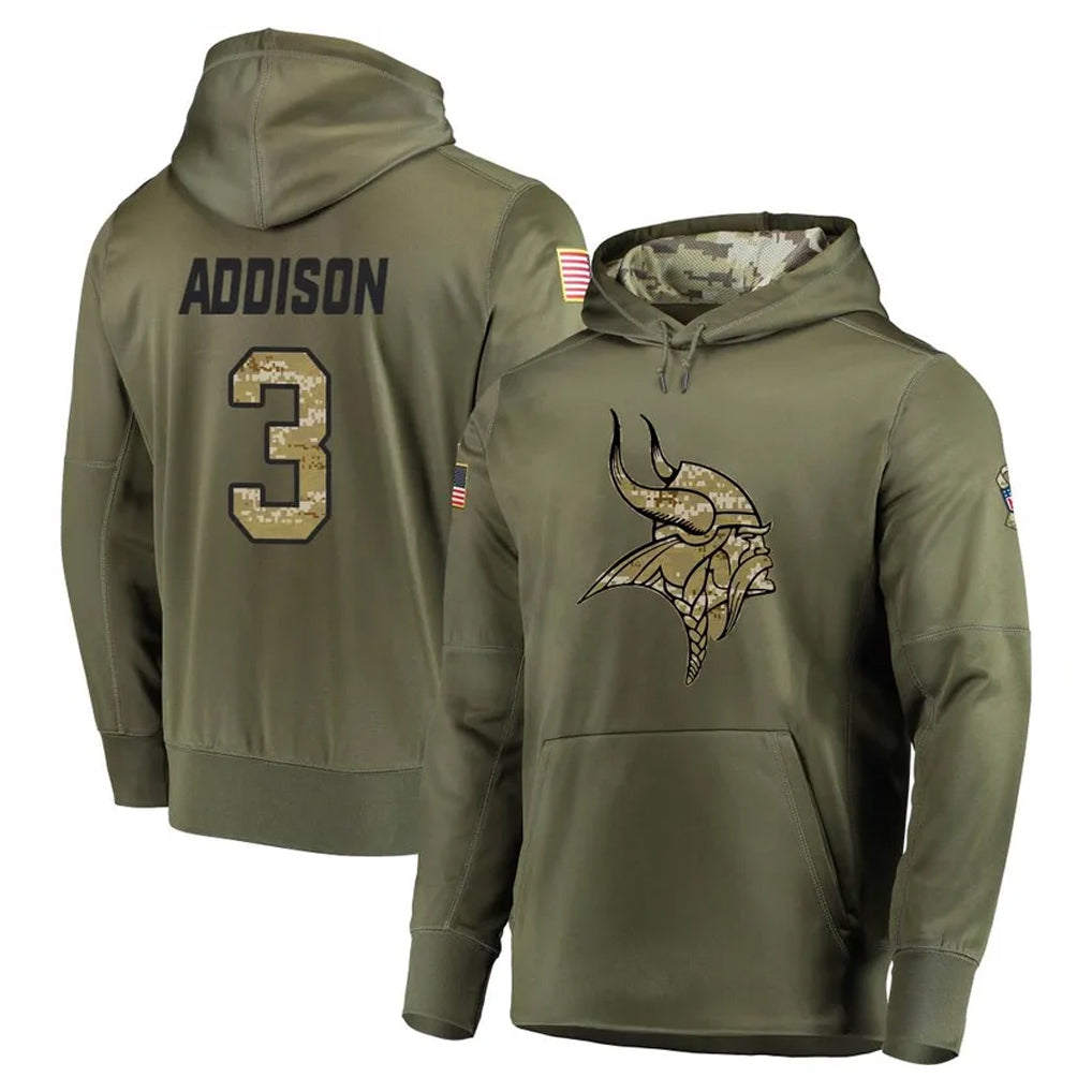 Parkc M.Vikings #3 Jordan Addison Player Olive Salute to Service Pullover Hoodies Home Game Stitched Jerseys