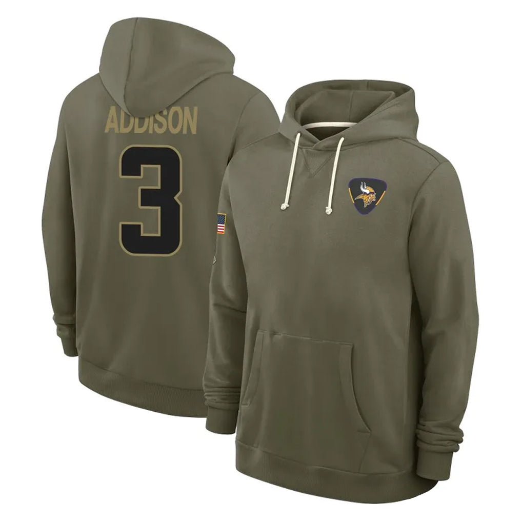 Parkc M.Vikings #3 Jordan Addison Player Olive Salute to Service Pullover Hoodies Limited Stitched Jerseys