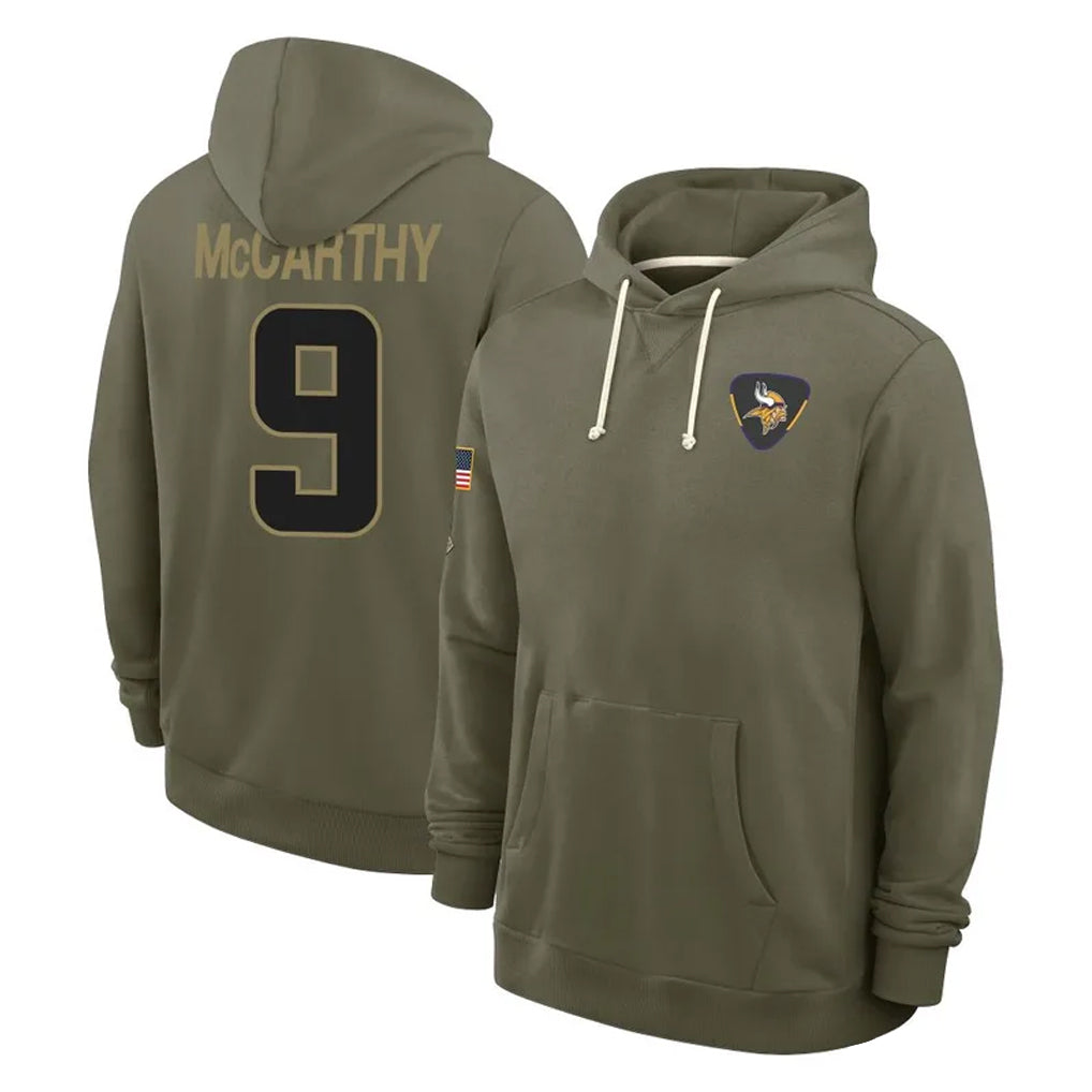 Parkc M.Vikings #9 J.J. McCarthy Player Olive Salute to Service Pullover Hoodies Limited Stitched Jerseys